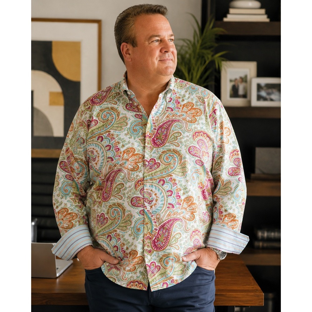Robert Graham Button Up Shirt Flip Cuff Stripe Mulitcolor Paisley‎ 2XL